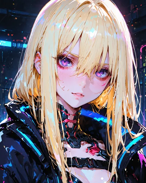 ((best quality)), ((masterpiece)), (detailed), perfect face Woman, purple eyes , with straight long blonde hair, hair inbetween eyes, cyberpunk nightclub, Pretty, anime.
1girl, High Resolution, Solo, Hair Between Eyes, HD, 