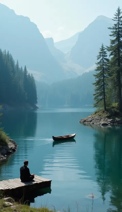 "A lake hidden in a mountain valley, is so calm that its surface reflects the sky like a mirror. A small wooden boat floating slowly on the water, and all around him, pine forest stands upright, providing protection from the outside world. A person sits on...