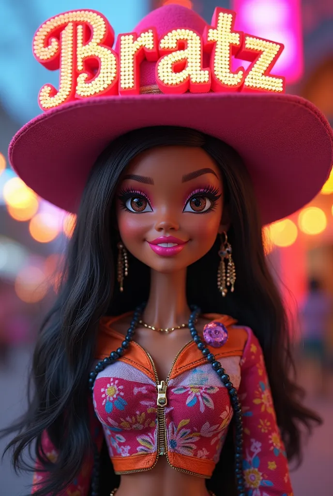 Beautiful Bratz doll with hat that has a bright sign in vibrant colors on the back that says in letters 3 d Mariana de León Red Saori