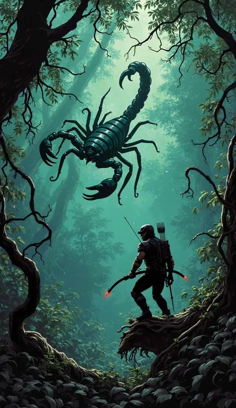 In the shadowed depths of the jungle, where twisted roots coil and venom drips from unseen threats, a battle of precision and poison erupts between Hawkeye (Clint Barton) and the relentless Blightspine Scorpion. Crouched atop a fallen tree, Hawkeye steadie...