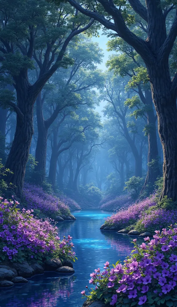 The script describes a fantastic world, full of incredibly beautiful plants. In this forest, where all trees reach huge sizes, , you can see bright purple flowers and many other shades. At night, darkness reigns here, but against the background of the dusk...