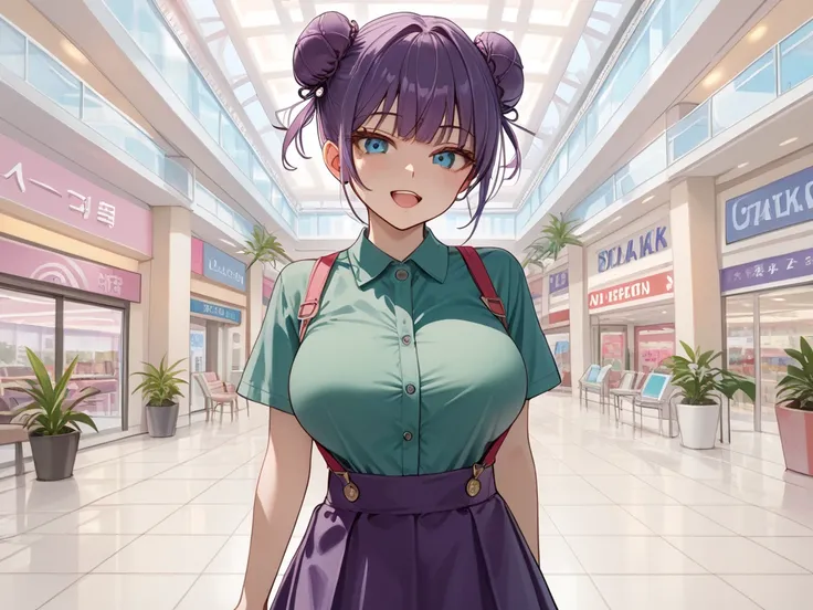 score_9_up, score_8_up, score_7_up, 1girl, solo, source_anime BREAK 

Large breasts, purple hair BREAK short hair, double bun, (bun cover), blue eyes BREAK 

Green shirt, short sleeves, purple suspenders, purple skirt BREAK 

Indoors, mall, standing, looki...