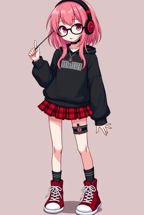 Anime style, same line as the second image, make her legs and feet with a red All Star shoe. Name:Natsuki
Age:16
Weight: 51kg
Height:1,53 Meters
Body Type:Skinny
Hair Color:Rosa
Eye color:Pink
How do you dress: black sweatshirt, red checkered mini skirt, r...