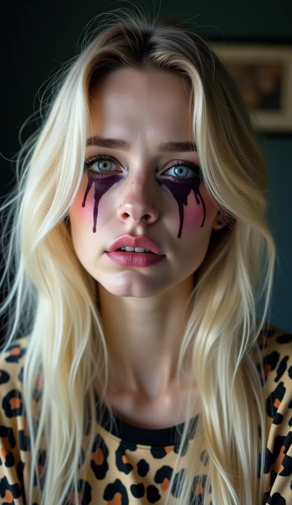 1 young woman from the south ,  Just 18 years old  ,   oversized dark makeup  ,  naiver, Light ,Talahon Make-up, Jogginghosen und Leopardenshirt. Look sad and cry .Big tears flow down her face . 
 *  blonde poop,  with lots of hairspray
Make-up:
 *   Empha...