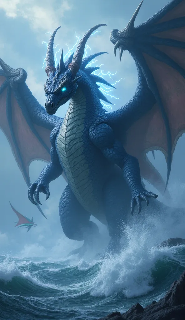 "A colossal celestial-dragon, born from the depths of the Atlantic, its scales shifting between deep navy blue and silver like an armored battleship. Its massive wings, resembling the tattered banners of war. Its eyes glow a brilliant white, like a lightho...