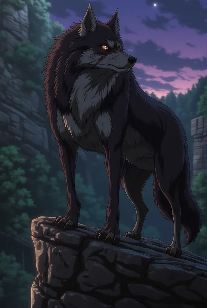 A large, battle hardened and old black wolf with amber eyes, with grey shades of fur on the neck,with a scarred face,  standing in top of a tall rock cliff, the dark jungle at dawn, very detailed anime style