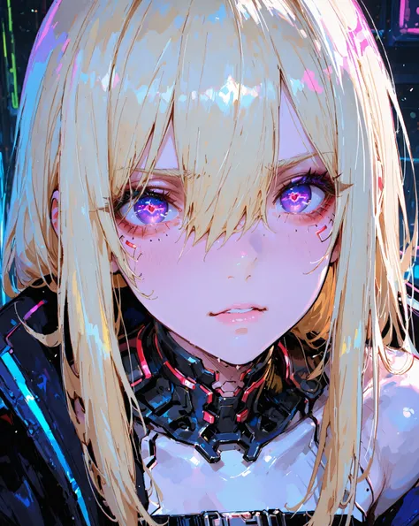 ((best quality)), ((masterpiece)), (detailed), perfect face Woman, purple eyes , with straight long blonde hair, hair inbetween eyes, cyberpunk nightclub, Pretty, anime.
1girl, High Resolution, Solo, Hair Between Eyes, HD, big anime cool shaped eyes.