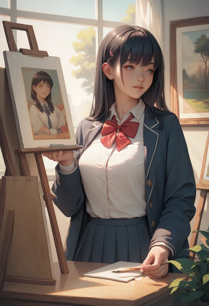 Girl, dark hair, bangs, school uniform, painting on canvas, large campus
