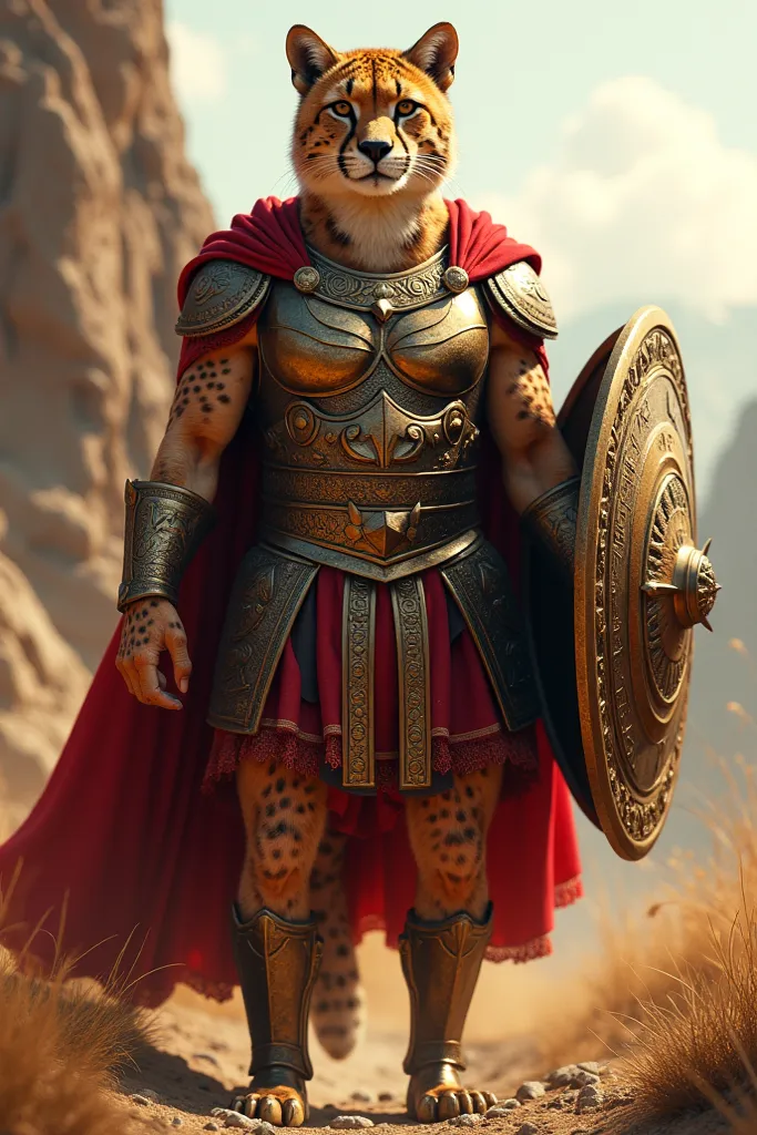 A cheetah soldier in Roman armor and sword with shield and red cape that can be seen standing 