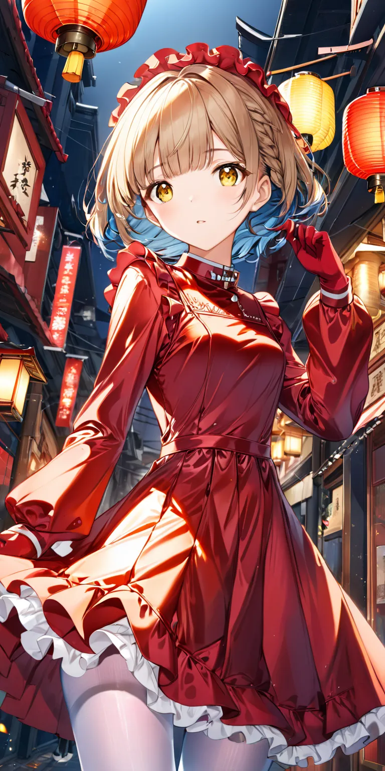 ((Yuriko Nana did,shortcuts, Lantern,yellow eyes)),
, portraits、 in Ruhua Street、(masterpiece,highest quality, Ultra High Resolution ),、she's wearing a shiny satin long sleeve dress with lots of ruffles, Looks like an idol costume.、shiny satin collar shirt...