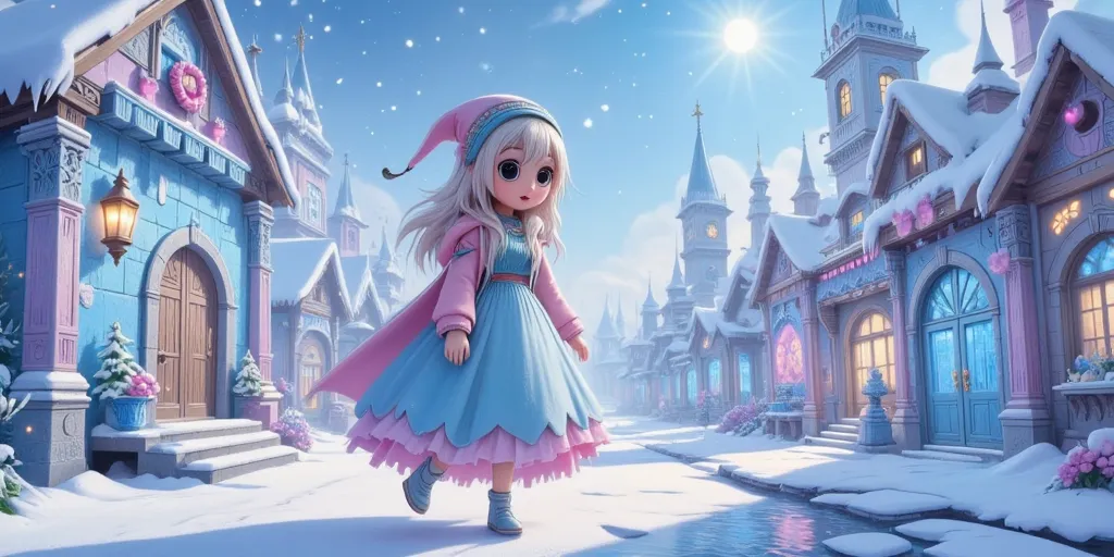 a lovely snow elf (cute, ae 22, pale skin, pale hair, ice blue eyes, delicate dress made of frost and sparkling ice, slippers of delicate ice), she is wandering through an ice crystal replica of a medieval city, winter wonderland, sun sparkling trough ice