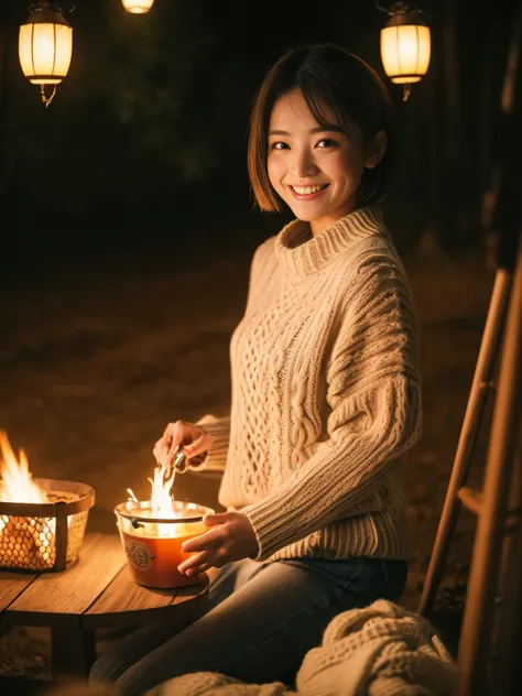 Photorealistic, 8k, full body portrait, beautiful woman,  Attractive Appearance , smiles, short hair, ,  ,,((clothing:knit Sweaterとエプロン:color:random)),background:Laundry at home、she's folding laundry,((clothing:knit Sweaterとダウンジャケットとキャンプファッション:color:random...