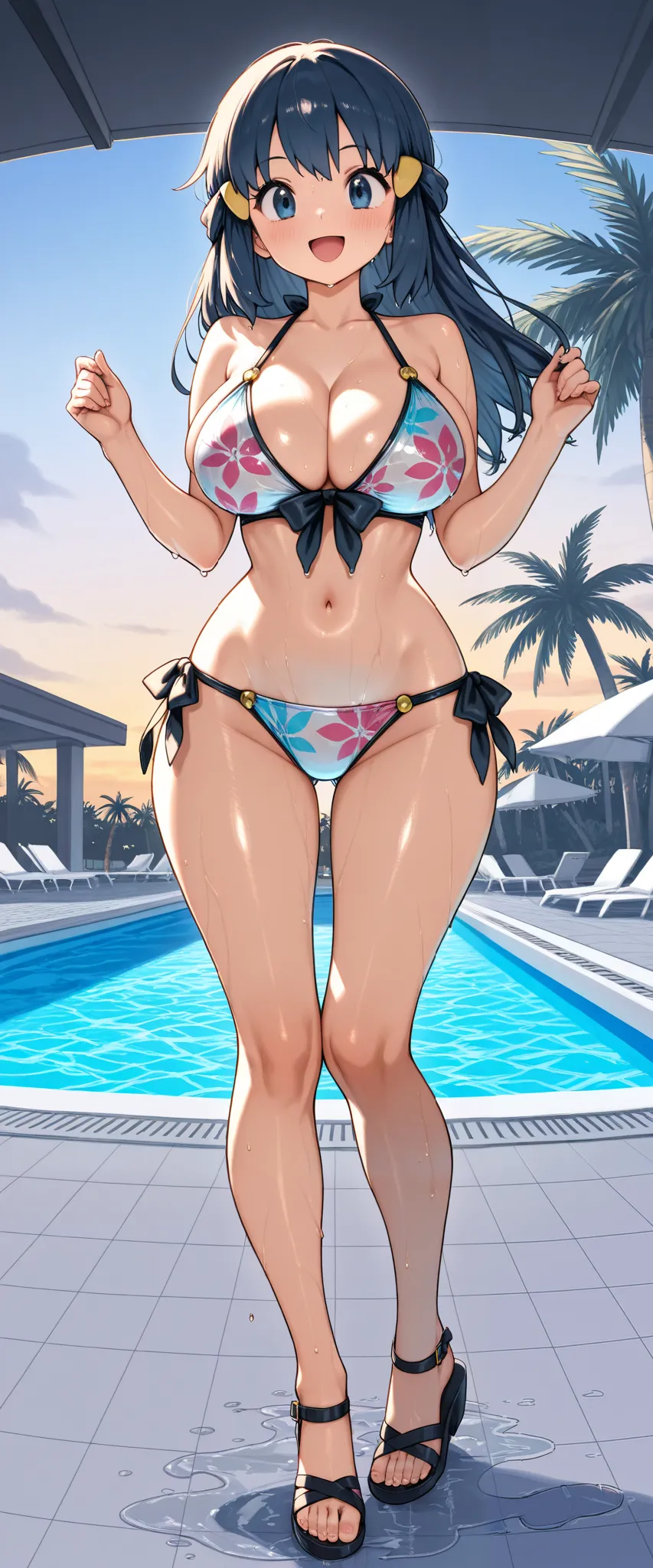 ( masterpiece), highest quality, , perfect face,1 girl crouching,dawn,Pokémon,big breasts, wide hips, thin waist, (sexy girl), Multi Colored Bikinis ,sexy bikinis, With ribbon,Patterned Swimsuit , salon,heel sandals,  is nice_feet, blanking,smile,Swimsuit ...