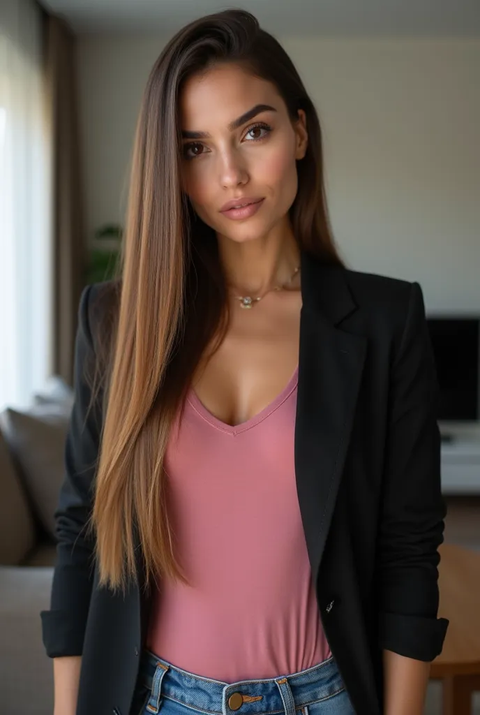 Generate the photo with very straight hair brushed with a flat iron black eyes very realistic and natural photo of a 35-year-old Brazilian woman, 70kg very straight straight hair very light brown long very light skin, light makeup, is smiling, wears a blac...