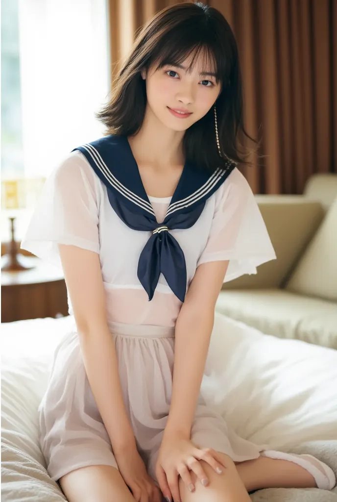 (Masterpiece, Best quality:1.4), (Ultra realistic, Photo-realistic:1.3), (Wearing Sailor suit, White short sleeve:1.2), (Dark navy skirt:1.2), (Wearing white sock), (small breasts), Natural light, 20 years old actor, Japanese woman, Neat and clean, (Short ...