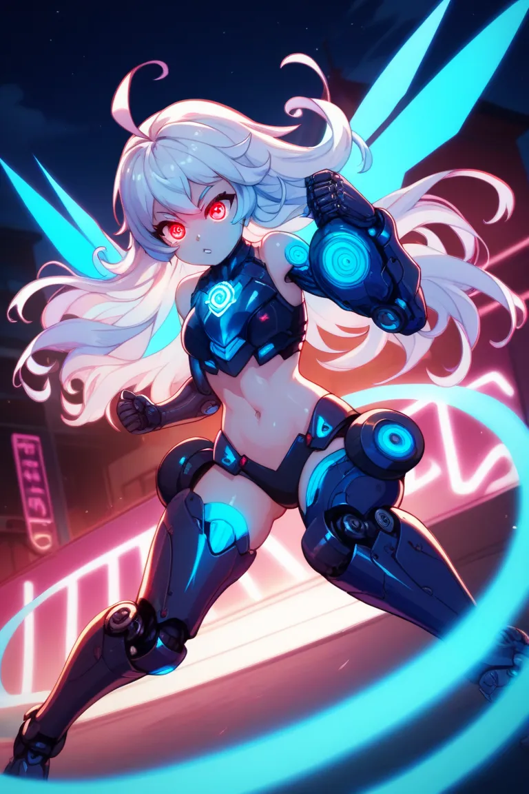 fighting pose, neon lighting, outdoors, (neon) night, break, 1girl, solo, college, cybernetic legs, long hair, ahoge, fluffy hair, (Shiny white hair), (blue glowing eyes) (bare shoulders), break, white body, chest armor, blue core energy on chest, blue ene...