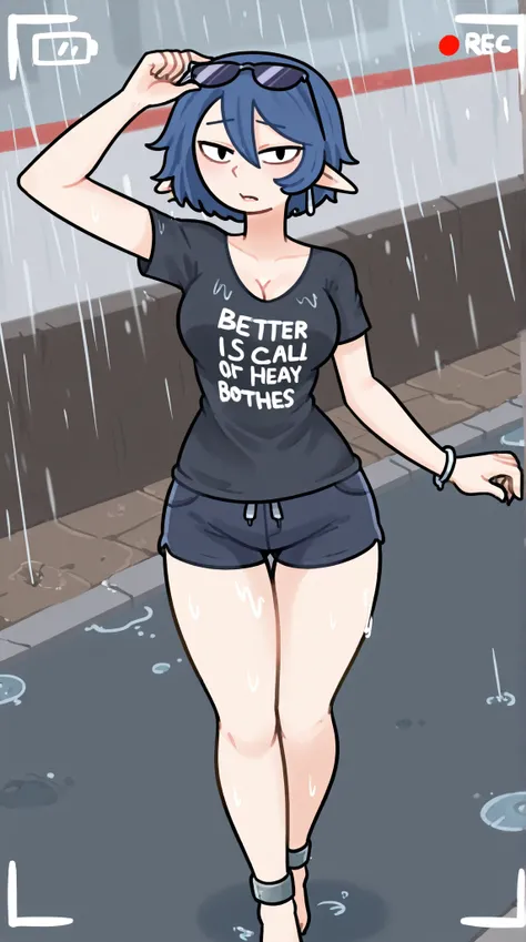 1 girl, Kota, blue hair, black eyes, pointed ears, short hair, / jewelry, earrings, cleavage, hair between the eyes, black T-shirt with the inscription "better call some bitches", example of a T-shirt as in the photo, the inscription on the T-shirt, better...