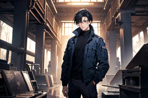 (Best picture quality, High res, Very high res), abstract, masculine, dark blue hair, 30 years old, dark blue eyes, jacket, sweater, cargo pants, dark blue gaze, calm, quiet, gentle smile, observatory, with wolf, dawn