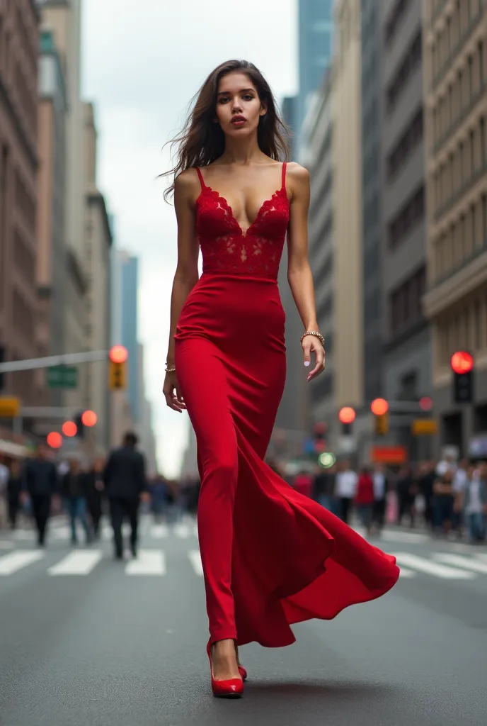 the girl walks phenomenally through the city, dressed in an unusual red dress with a large neckline, exposed high heels on the stips