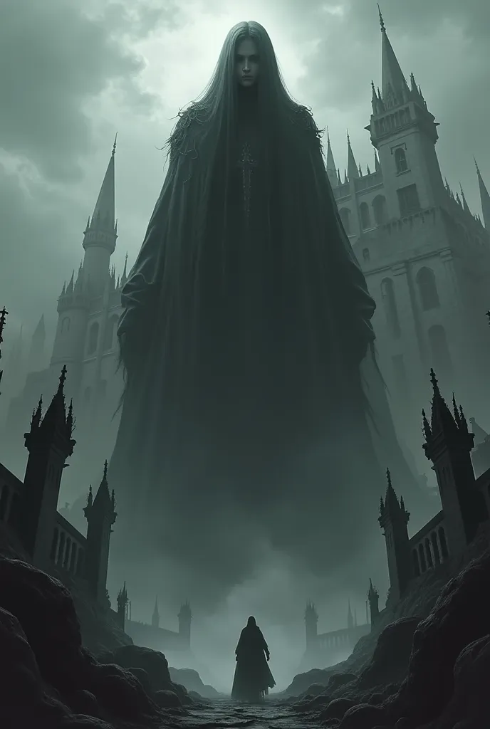 A gothic and dark image in black and white and grey. A gothic super powerful gigantic horror woman emerging of a gothic castle destroying everything. Gothic and Dark vibe. 