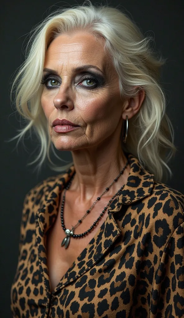 1 old woman from the south ,  Just 55 years old ,   oversized dark makeup  ,  naiver, Light ,Talahon Make-up, Jogginghosen und Leopardenshirt.  looks seductive.
 *  blonde poop,  with lots of hairspray
Make-up:
 *   Emphasize eyes with eye shadow and masca...