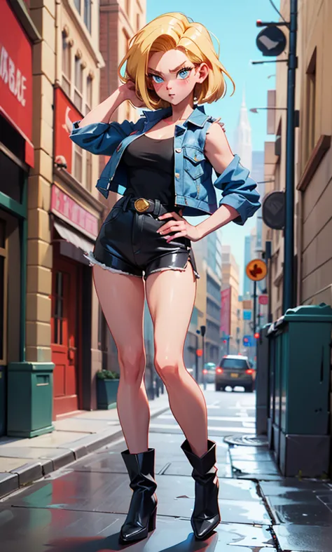 masterpiece, great detail, a girl, android 18, DBZ, thin and tall, skinny, blond, short hair, blue eyes, arched eyebrows, black striped top, neckline, blue sleeveless jacket, black shorts, blush, breasts, abdomen, sexy pose, head on, thin arms, hands on wa...