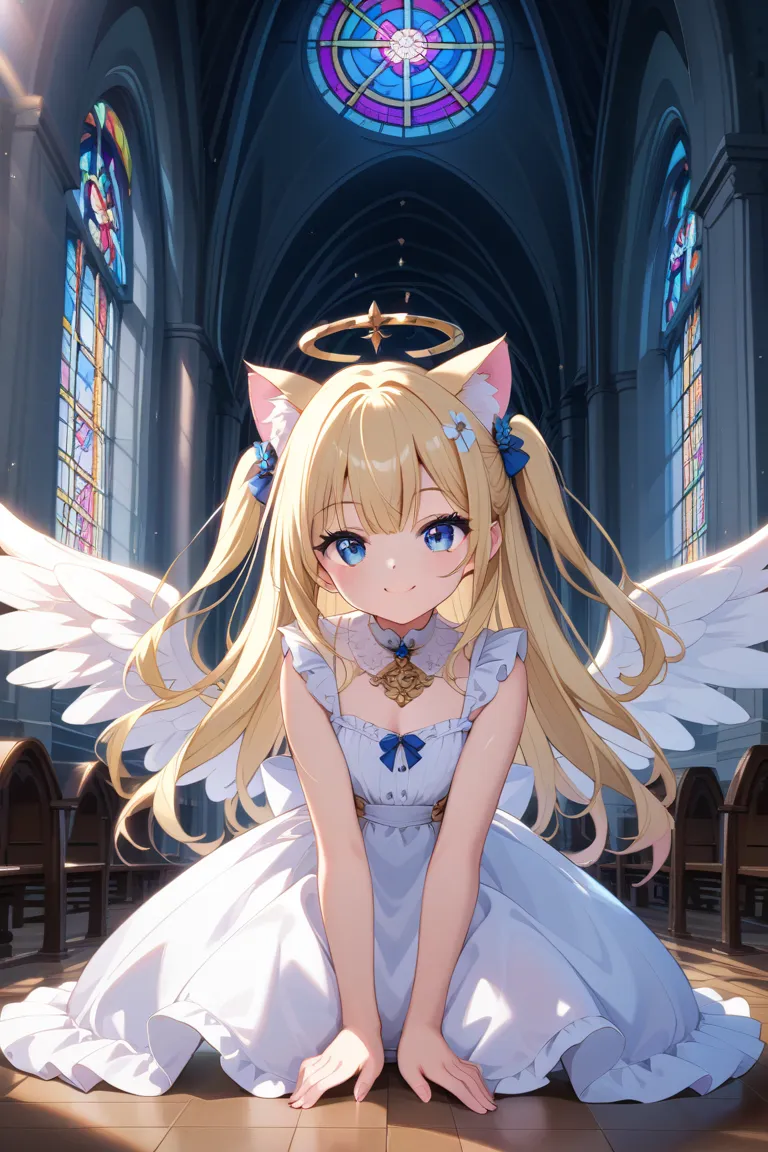  front view、standing up picture、
An angel girl flew down to church、
1 girl crouching, standing on stomach、smile、 long hair,  Gold, two side up, 6 white wings、blue eyes,  circle of angels in dark, Cat ears, cute face、White Dress、
 photos、
High Resolution, m...