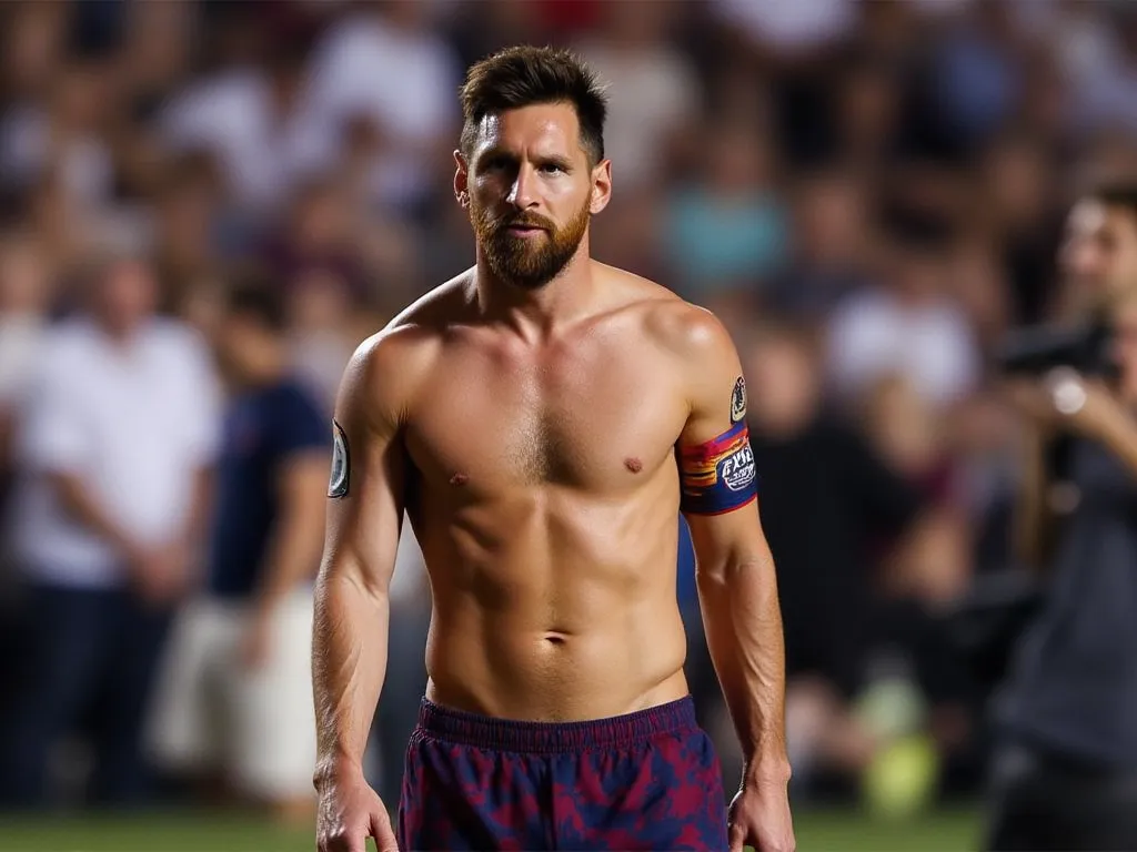 messi, Shirtless, showing his well-defined muscular torso.  Her skin has a natural glow , highlighting the details of his abdomen and pectorals. Model pose with a charismatic and confident expression, It can be seen in full body. Unique and different scena...