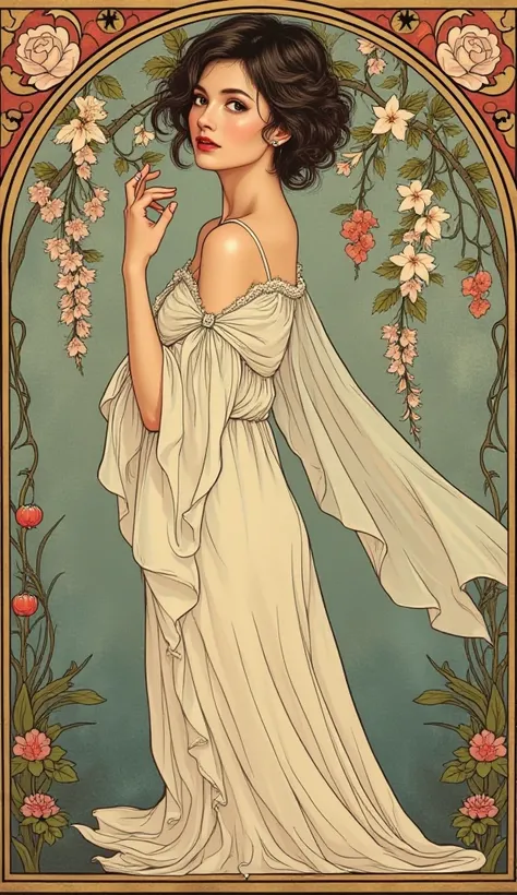 Art Nouveau poster: A woman in a gilded frame surrounded by floral patterns and decorative elements in the style of stained glass.  The style of Alphonse Mucha. Vintage handmade.  Sepia. Old, worn paper. Stylized image. A beautiful young woman in a gracefu...