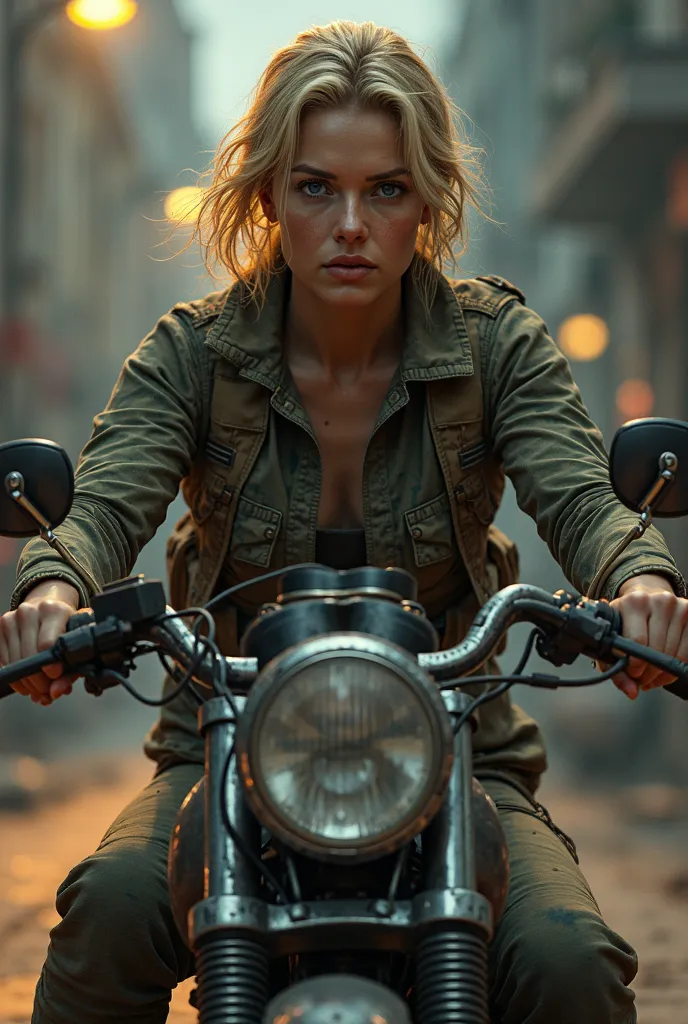 Female, blonde medium hair, camouflaged clothes, riding an old motorcycle, under streetlamp, communicating important requirements,