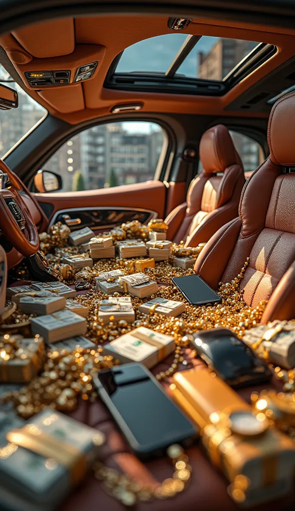 A view of car from inside and  full of packs of money and luxurious lifestyle 
Alot money packets and little gold and watches mobiles showing luxury 
