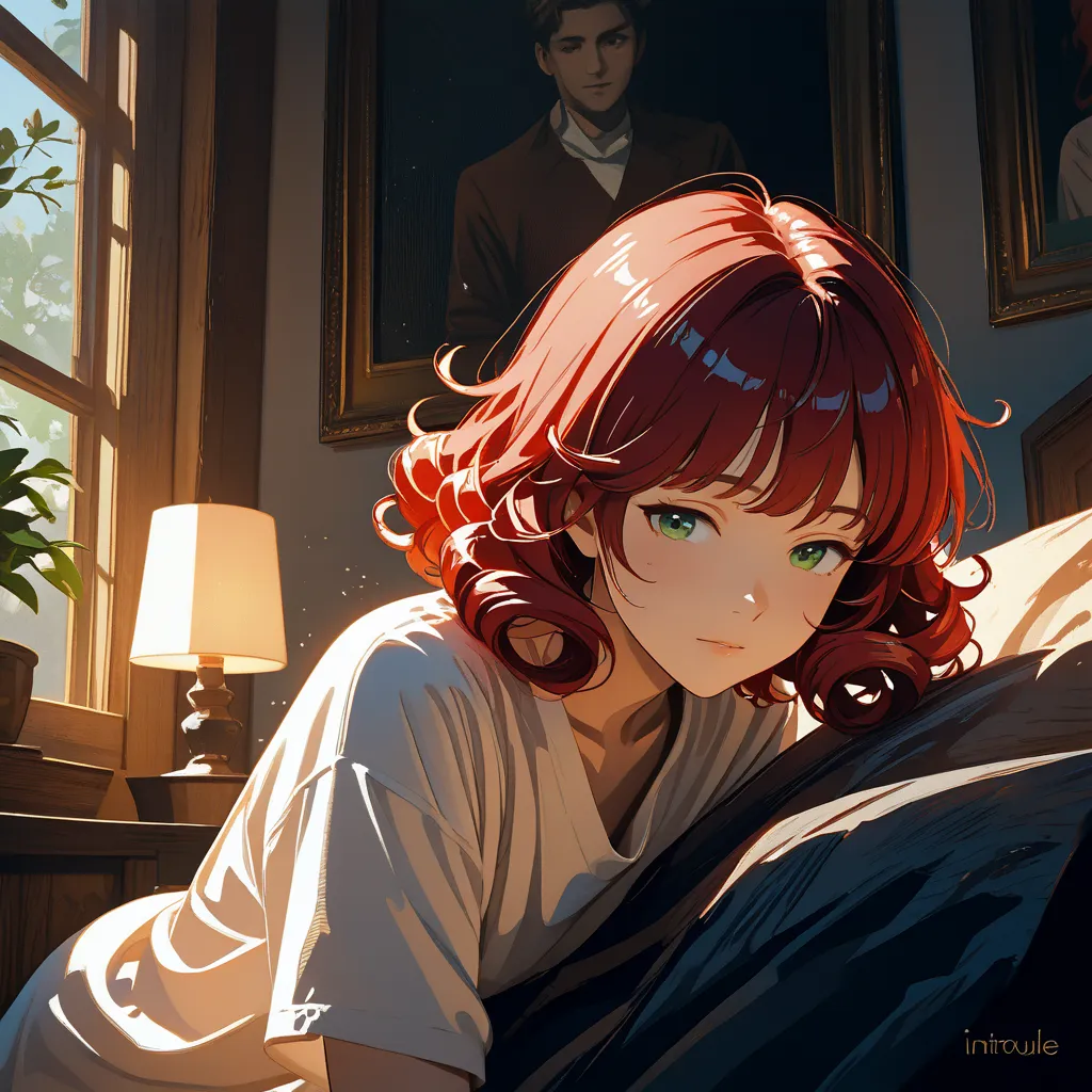 the picture shows a guy with active red curls up to the shoulders and green eyes in the bedroom