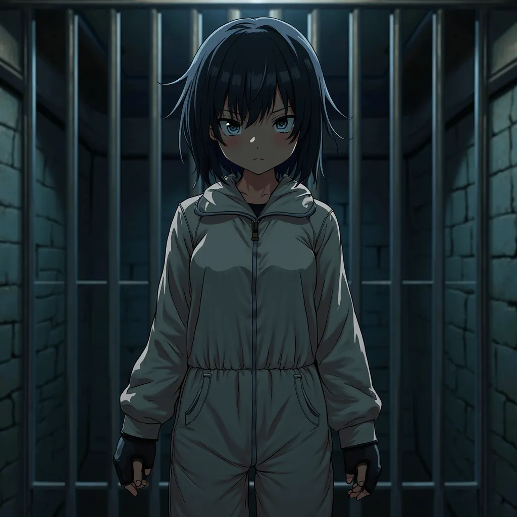 cinematic anime style. manga art. TME0224, (((, ))) face on a fun night (((in a spacious jumpsuit without a zipper with hands in mittens))), (((inside a closed cell behind bars))). cinematic lighting, shadow,  Masterpiece , contract, Anatomically correct, ...