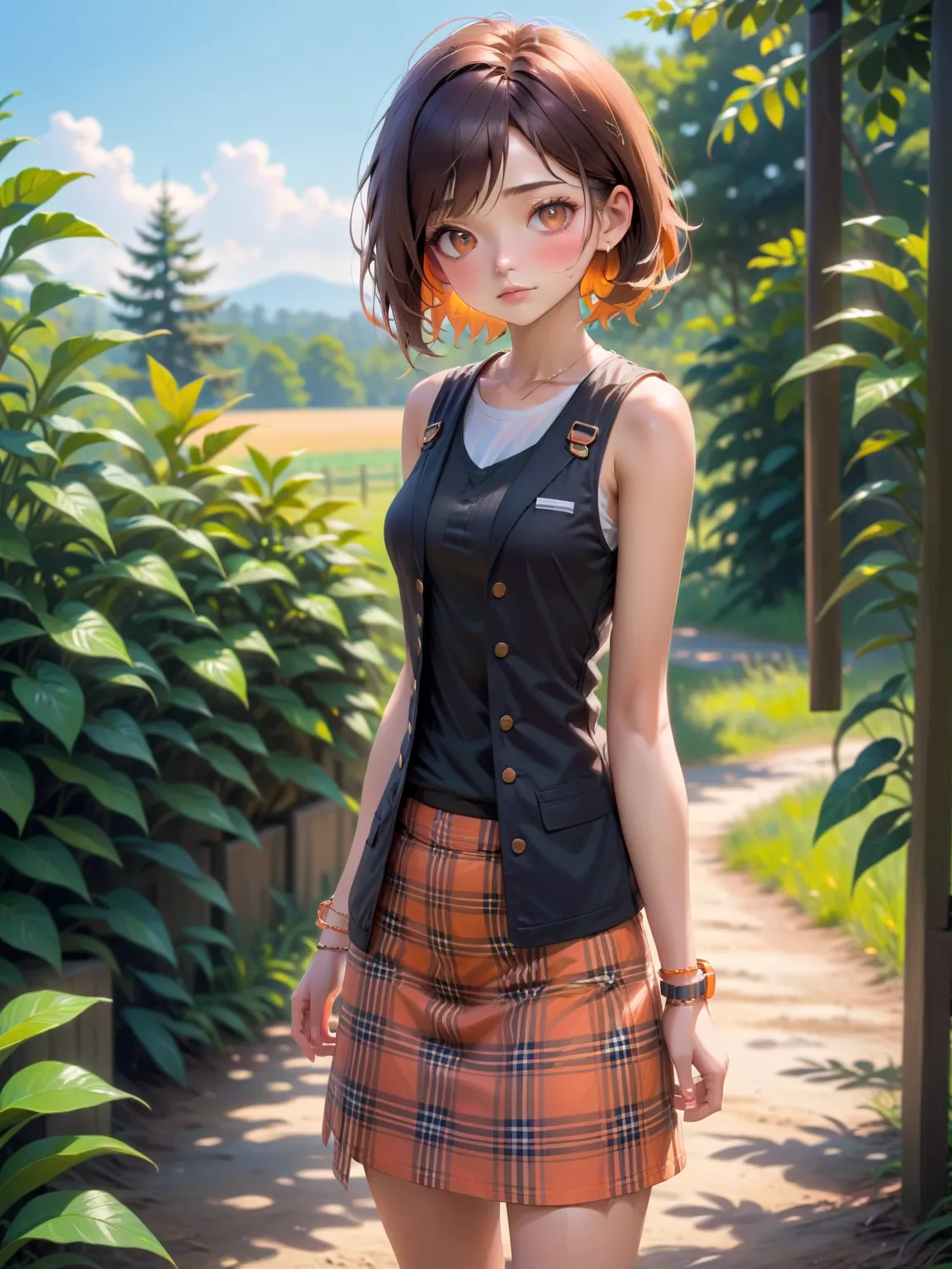 adorable young high school girl, standing posed,  leaning against green wall, around countryside  farm filed,  BREAK, {(forehead, bob cut, wavy hair, dark-brown hair)}, BREAK, ((white sleeveless t-shirt, white wide bracelets), (black vest or waistcoat), ((...