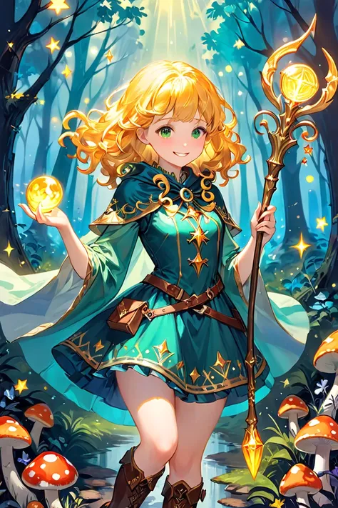 Generate an image of Riol, a 22-year-old female mage with a like demeanor, set in a whimsical fantasy world. She has bright golden curly hair reaching her shoulders, emerald green eyes that sparkle with curiosity, and a round, adorable face that occasional...