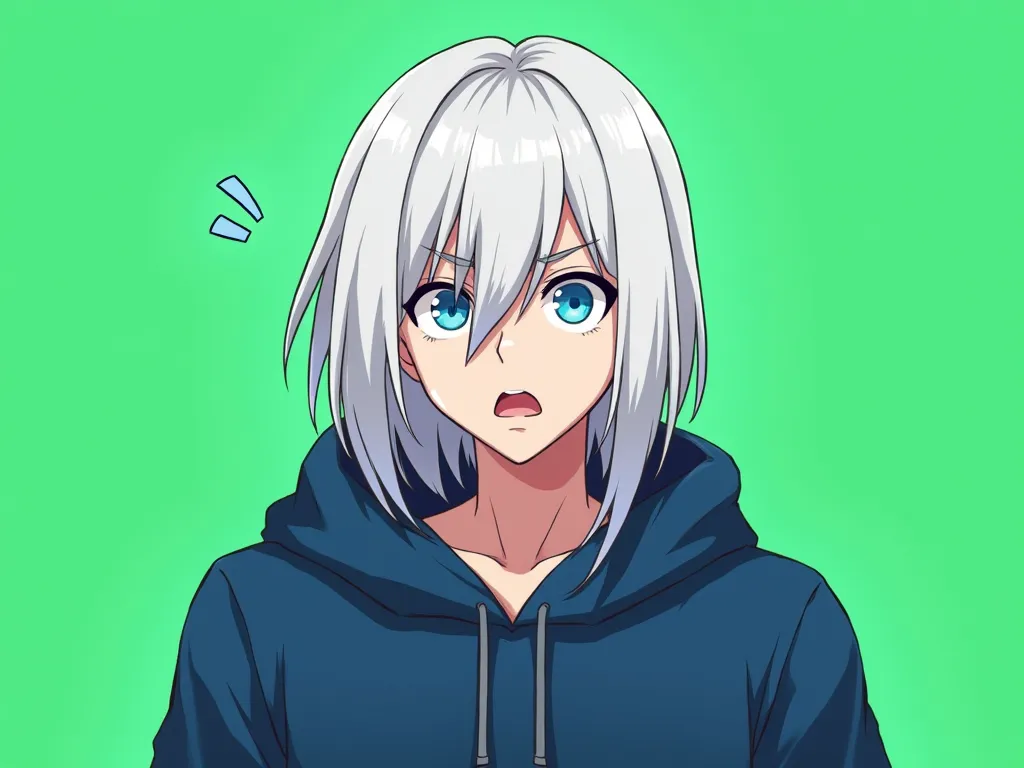 I want a pixelated anime character who is a man, has neck-length long white bob cut hair the same hairstyle as Dante from Devil May Cry, blue eyes , wearing a blue hoodie and make a half body pose of him looking at you with eyes widen in shock a bit angry ...