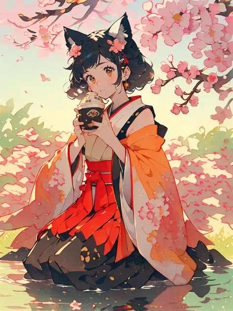 ((masterpiece:1.2)), ((highest quality:1.2)),  1girl , ((Cat ears:1.2), hakama short skirt, Kosode , (sleeveless), Japanese house's engawa, (( yokozuwari :1.2)), drinking latte, camellia patterned kimono, thighhighs, head tilt, (chocolate chip cookie), pea...