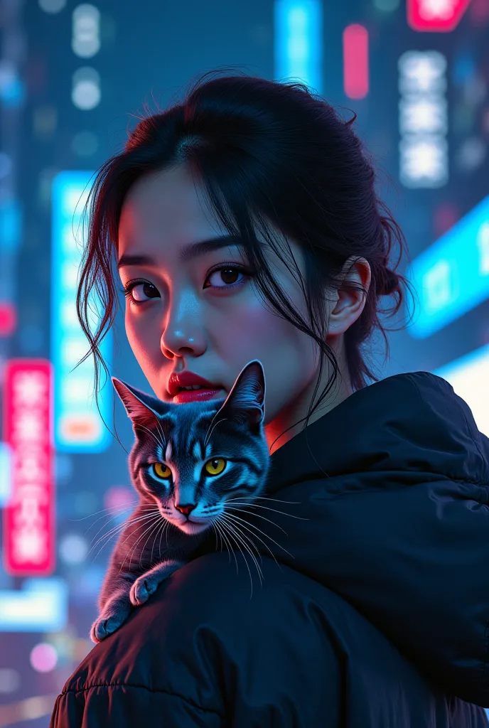 gray british short hair asian girl, in futuristic city with blueand red neon lights