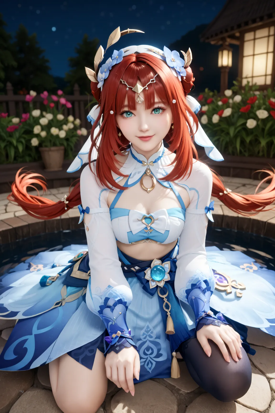 masterpiece, highest quality, Absard Dress, Nirou (neither flower nor mist) (Genshin Impact),  Aqua Eyes, Nirou (Genshin Impact), fake horn, 1 girl crouching, Alone, red hair, Veil, smile, long hair, crop top,  jewelry, horn,  night , bracers,  Blog,  Long...