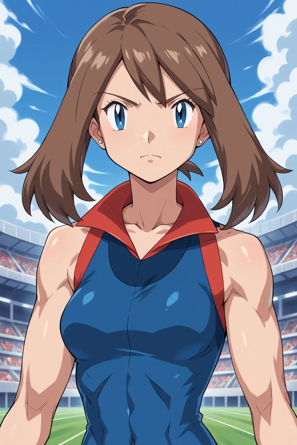 score_9, score_8_up, score_7_up, score_6_up, break,  Pokémon May , Alone, blue eyes, brown hair,  medium hair, 
body, dynamic pose, ( giant bust : 1.4), toned, muscles, hourglass body, 
