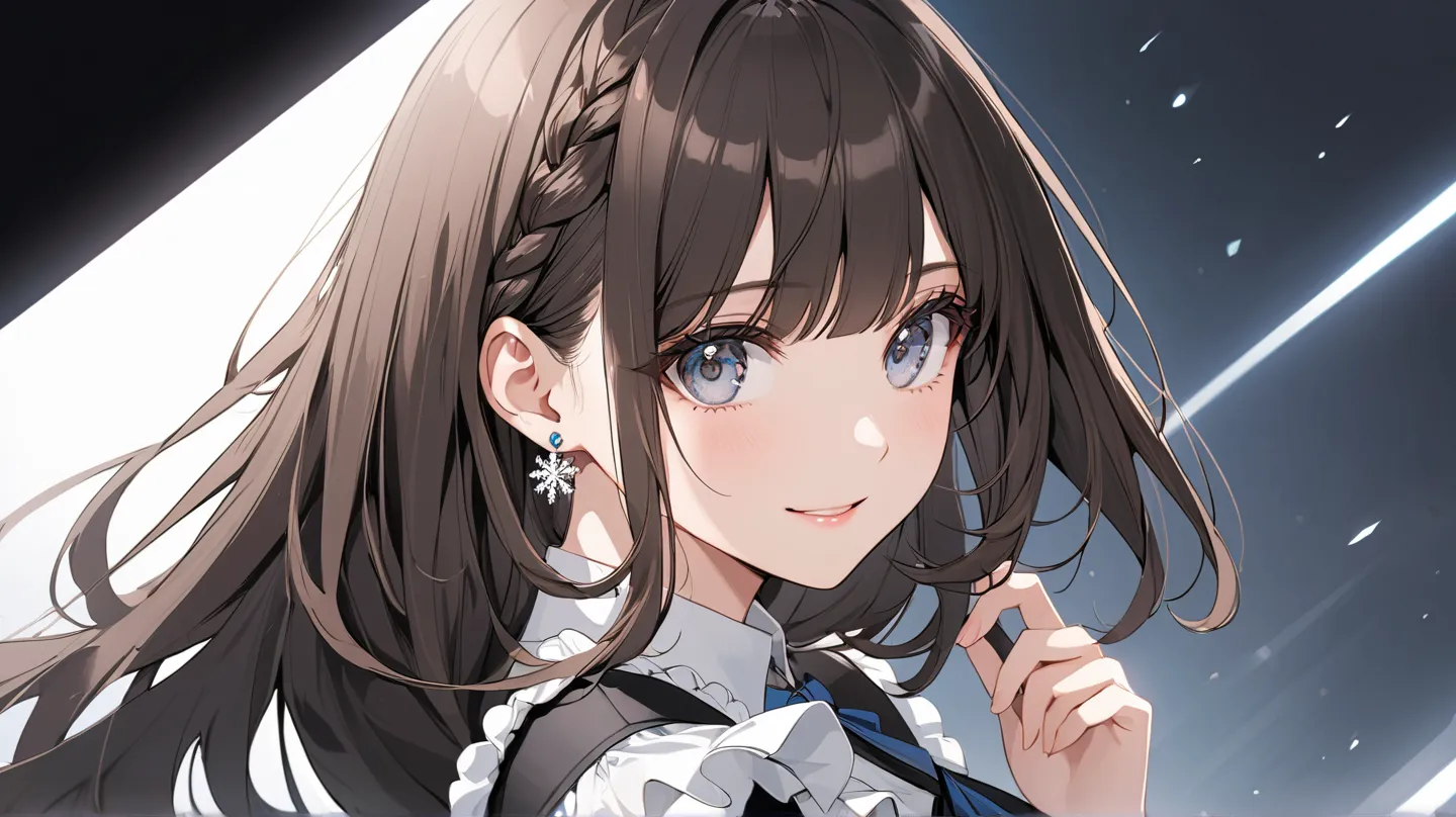 4k , 8k , it is a banner cover style , (only 1 female long straight black brown hair with full bangs dark blue grey eyes), part of long braid hair , very long hair, wear small snowflake white earrings , novel , manhwa , beautiful woman , very details , per...