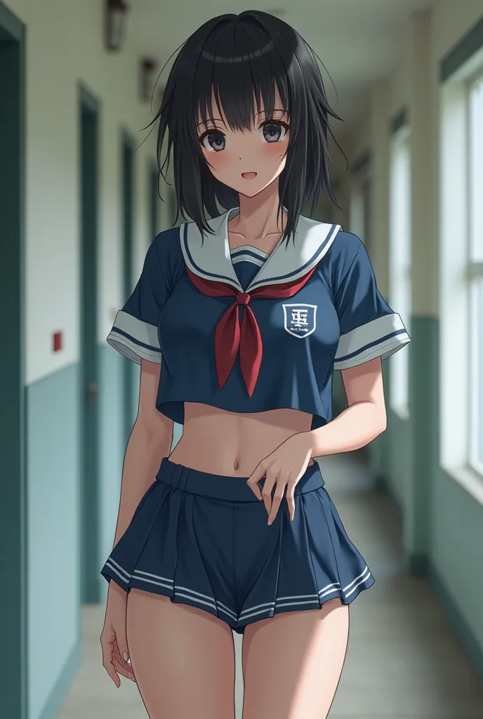 brainwashed upper body is blue short sleeve sailor suit　high school girl with navy blue racing bra lower body
Japanese women with big breasts　dark eye makeup　Growing Fangs　Nails get longer too　tri-fold socks and loafers　smile mysteriously 　
Full body image...