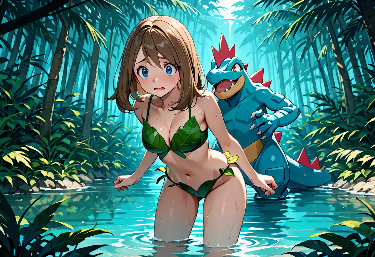 masterpiece, absurdres, amazing quality, best quality, 1girl, May, ((May)), ((Pokemon)), long brown hair, blue eyes, average breasts, slender, wading through lake, scared, looking behind, leaf bra, leaf panties, Feraligatr ((Feraligatr)) bursting out of wa...