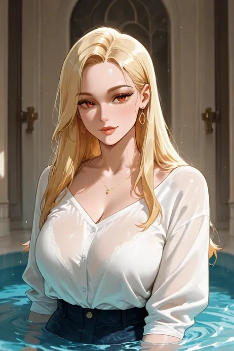  very voluptuous woman, tall with the white shirt drenched in water, Her silhouette shining, It&#39;s very sexy, Are you standing watching the spectator. She is blonde. The image is semi-realistic and detailed.