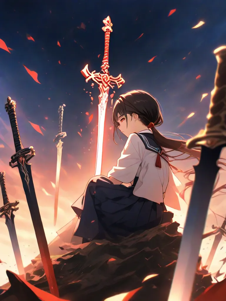  girl，student，JK，black ponytail，Brown red pupils，Sitting on a sword mound， Godly apathy ，With a sword at his side，Fantasy style， dark tone ，dusk background