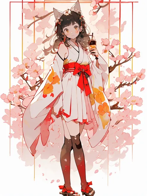 ((masterpiece:1.2)), ((highest quality:1.2)),  1girl , ((Cat ears:1.2), hakama short skirt, Kosode , (sleeveless), Japanese house's engawa, (( yokozuwari :1.2)), drinking latte, camellia patterned kimono, thighhighs, head tilt, (chocolate chip cookie), pea...