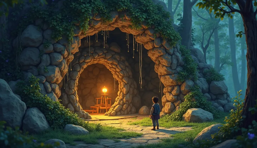 A large cave entrance covered with moss, glowing faintly from inside, A small, cozy hut with a dimly lit lamp, a curious young boyArya standing hesitantly at the entrance.  .2d animated pic and give a colorful like fresh image