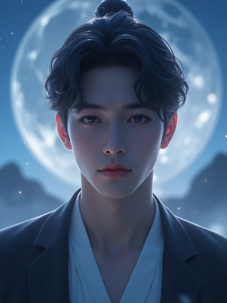 Masterpiece, best quality, 8k, highest quality, best graphic, beautiful eye, beautiful lip, beautiful background, Korean man in 20s, black hair, huge moon
