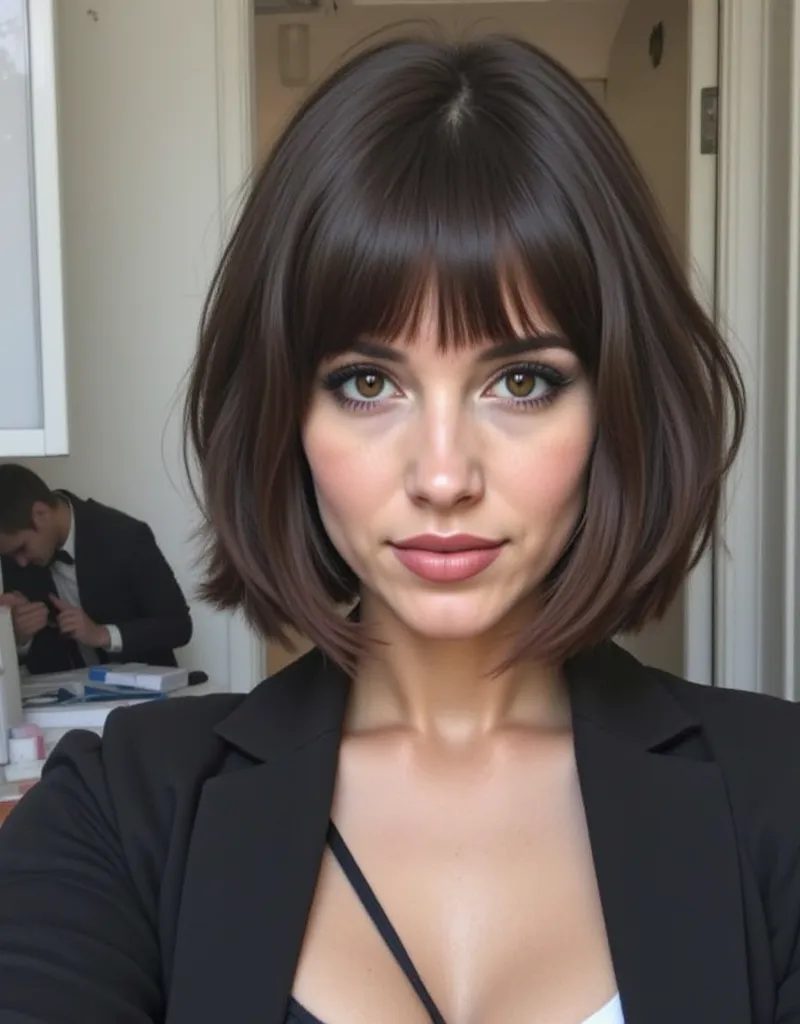 Short hair, black hair 

Tenue sexy,  totalement habillée, au bureau de l'entreprise iliale, réaliste, photo réaliste, photo véritablement amateur, photo mal prise, photo mal éclairé, grosse poitrine 