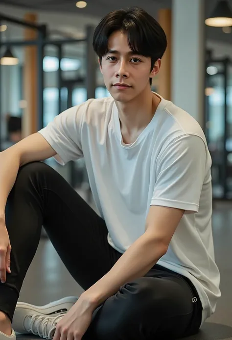 (photorealism:1.2), Full body a korean man that looks like BTS jungkook, t-shirt, black pants, short dark hair, sit on floor in fitness room (blur background )